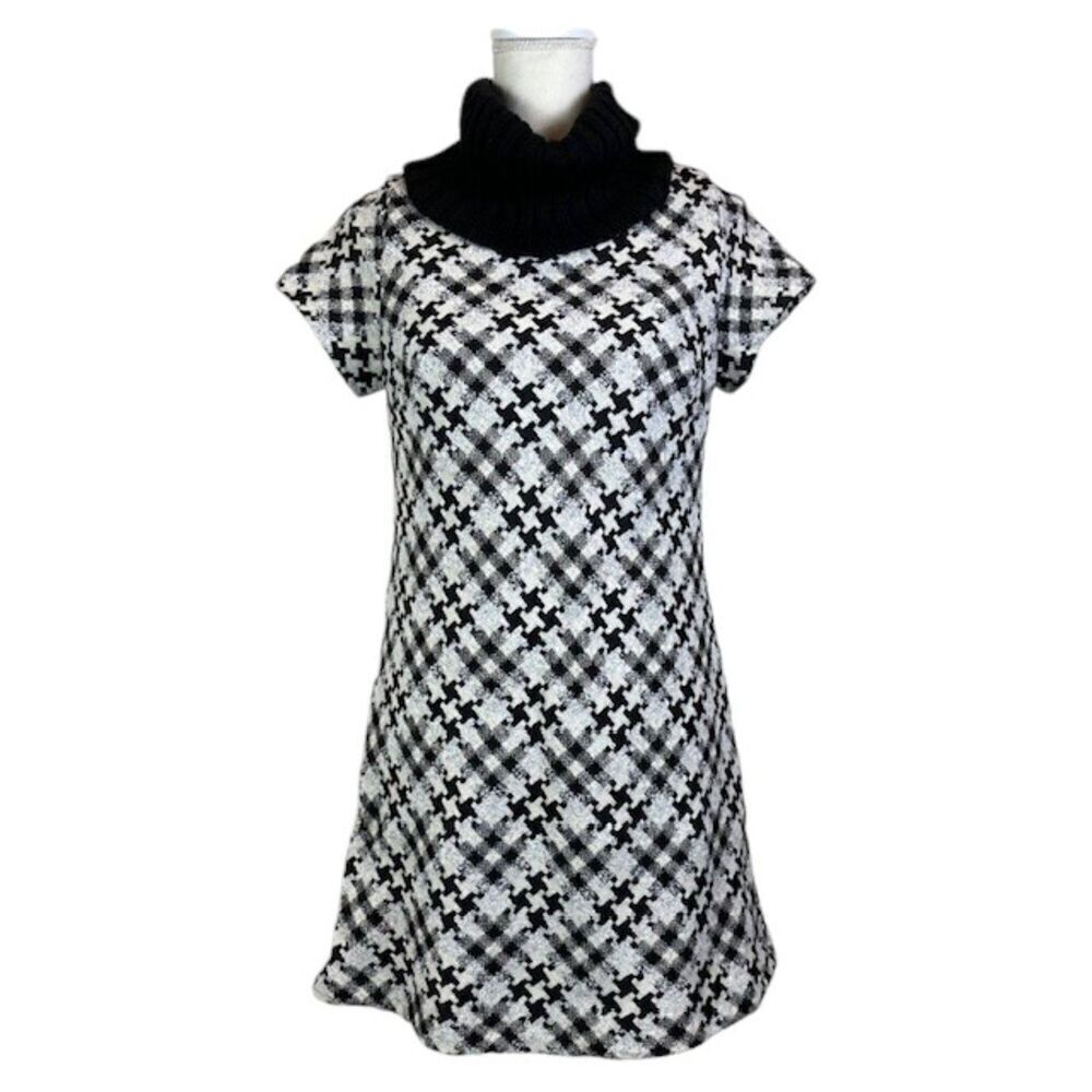 Renee C. Wool Blend Tweed Houndstooth Mini Dress Cowl Neck Size Large Black Wht